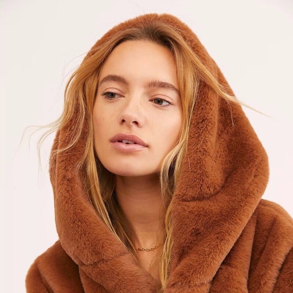 Free People Turn Up Zip Off Hoodie Brown Faux Fur Teddy Jacket - Picture 3 of 13